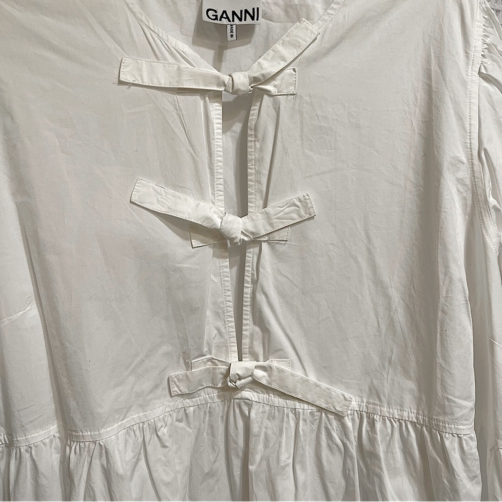 Ganni White Cotton Poplin Tie String Mini Dress Boho Beachy Size 44EU or 14US - Picture 10 of 13